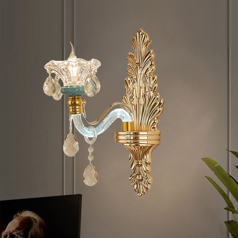 Floral Living Room Wall Light Sconce Traditional Clear Glass Single Gold Wall Lamp Fixture
