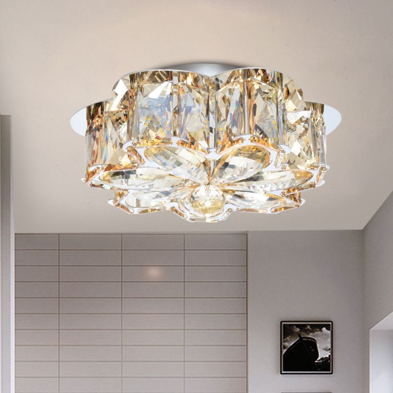 LED Flush Mounted Ceiling Light Minimalist Foyer Flushmount with Flower Smoke/Amber Crystal Shade