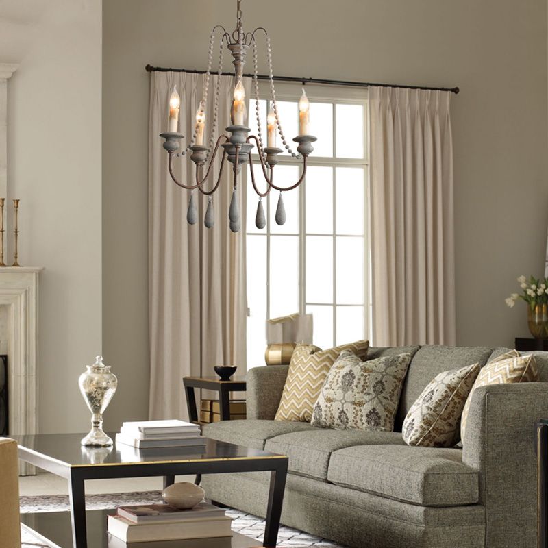 Candlestick Chandelier French Country Wooden Dining Room Hanging Light Fixture