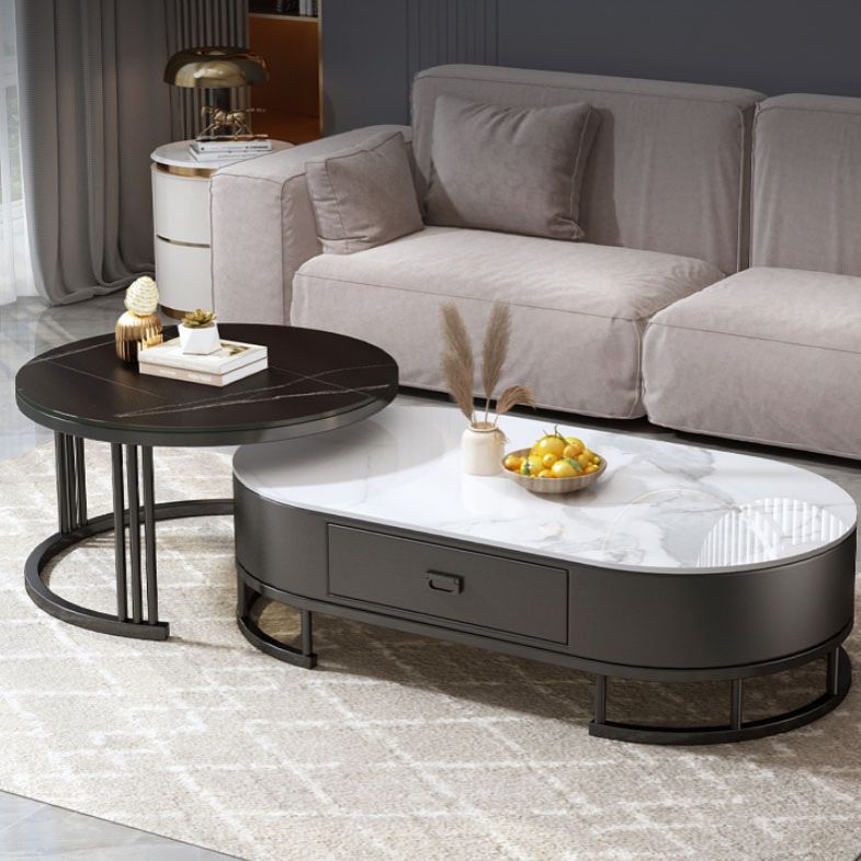 Glam Coffee Table Oval Nesting Nesting Coffee Table with Drawer Slate Cocktail Table