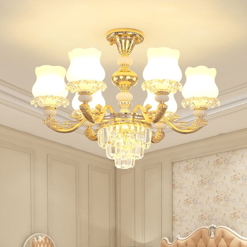 Gold Chandelier Light Retro Opal Glass Bud Pendant Light Fixture with Tiered Crystal Decor