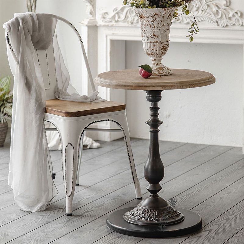 French Country Solid Wood Round Metal Pedestal Single Coffee Table