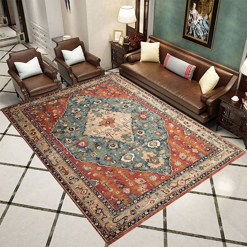 Multicolor Symmetrical Print Rug Polyester Carpet Retro Anti-Slip Backing Indoor Rug for Living Room