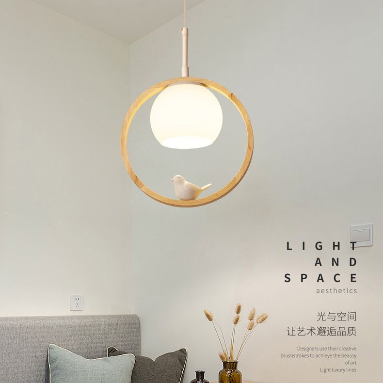 Dome Shade White Glass Pendant Nordic Style Wood Suspension Light with Ring and Bird