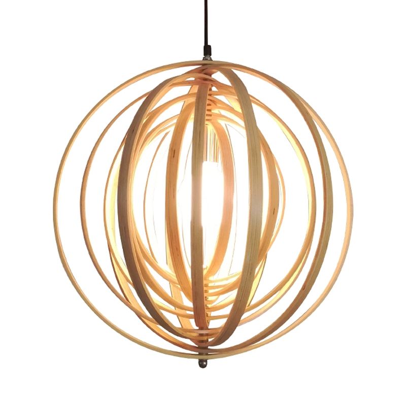 Rippling Sphere Wood Pendant Light Kit Asian 1 Light Beige Hanging Light Fixture over Table
