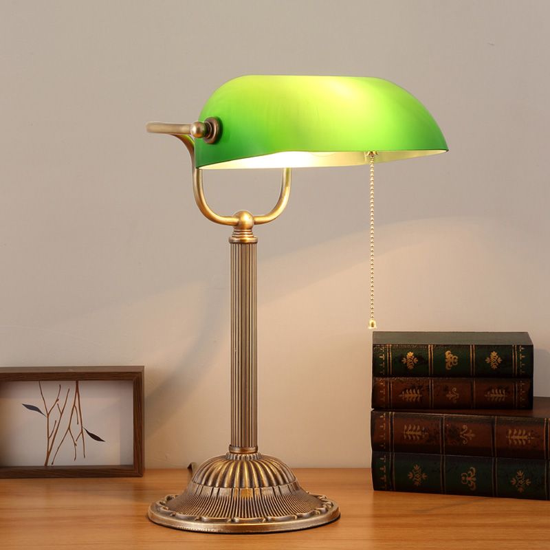 1 Light Rollover Shade Metal Night Light Country Green Glass Nightstand Lamp with Pull Chain for Bedroom