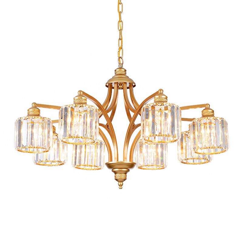 8 koppen K9 Crystal Hanging Lamp Traditionalisme Goud cilindrische woonkamer kroonluchter licht