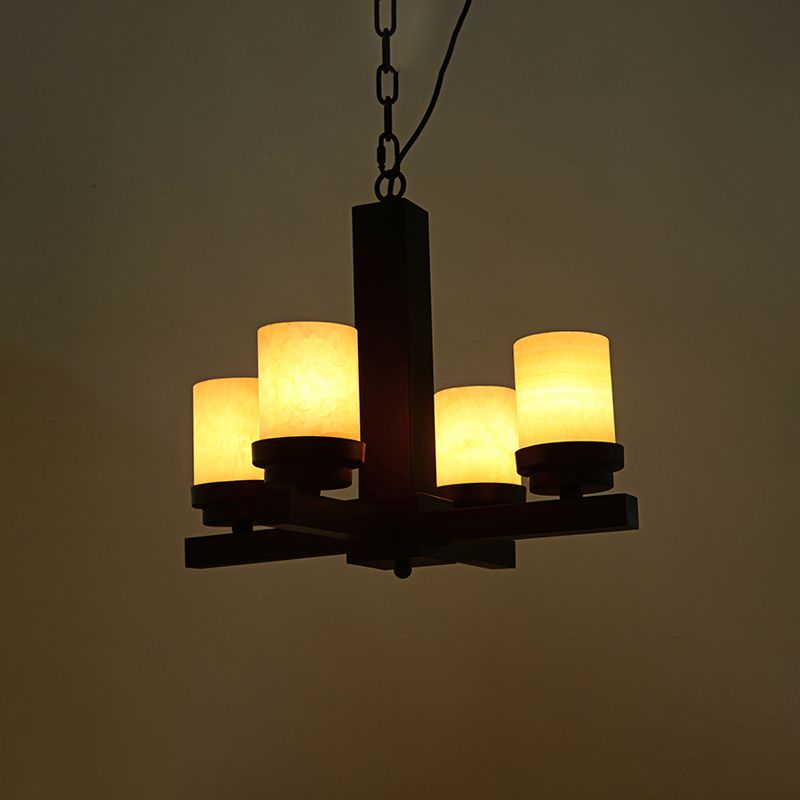 Cylinder Bedroom Pendant Chandelier Farmhouse Yellow Dolomite 4-Head Black Radial Ceiling Hang Fixture