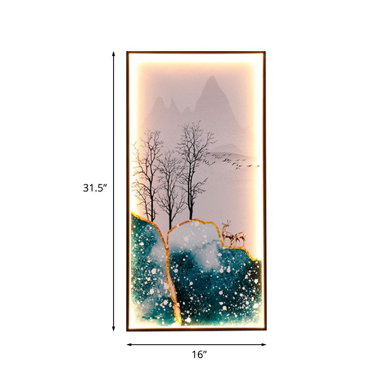 Rectangular Wall Mural Light Asia Fabric Tearoom LED Sconce with Fish/Elk Pattern, Blue