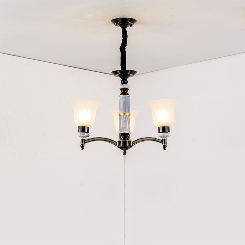 Ribbed Frosted Glass Flared Chandelier Vintage Bedroom Pendant Light with Scalloped Edge in Black