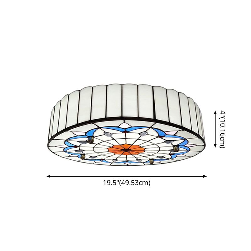 Drum Ceiling Mount Light Mediterranean Stained Glass Flush Mount Fixture for Bedroom