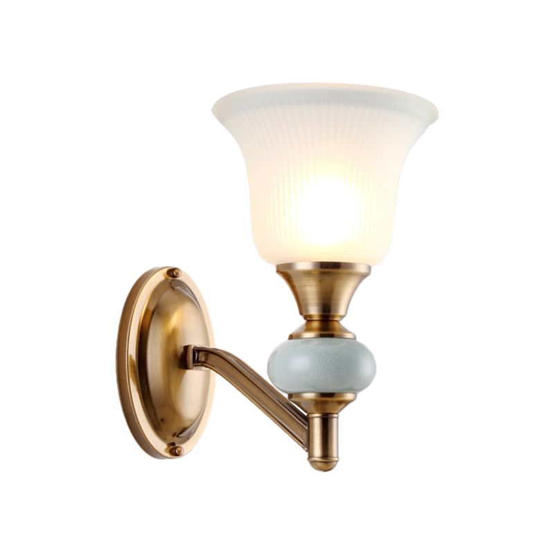 1/2-Head Wall Lighting Fixture with Bell Shade Frosted Glass Vintage Bedroom Wall Light in Brass