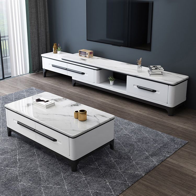 White Contemporary Rectangular Marble Coffee Cocktail Table with Storage