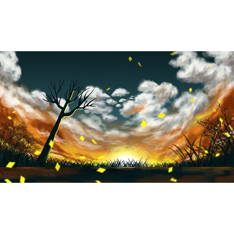 Childrens Art Sunset Scenery Mural Yellow-White Bare Tree Wall Decor for Bedroom