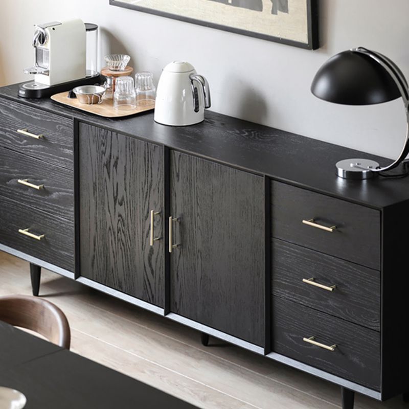 Black Solid Wood Buffet Table Glam Buffet Table with 6-Drawer and 2-Door