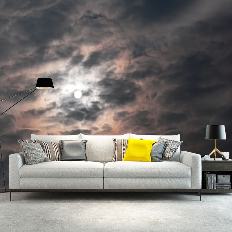 Grey-White Modern Wallpaper Mural Large Moon with Night Cloud Wall Decor for Home