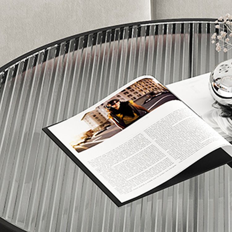Round Clear Glass Cocktail Table Set Contemporary Cross Legs Coffee Table in Black