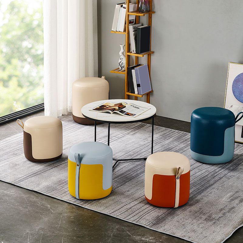 Faux Leather Pouf Round Patchwork Water Resistant Contemporary Pouf Ottoman