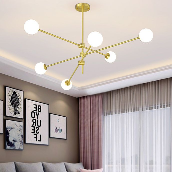 Rotating Linear Metal Island Light Fixture Minimalist Titanium Gold Pendant Light with Ball Milk Glass Shade