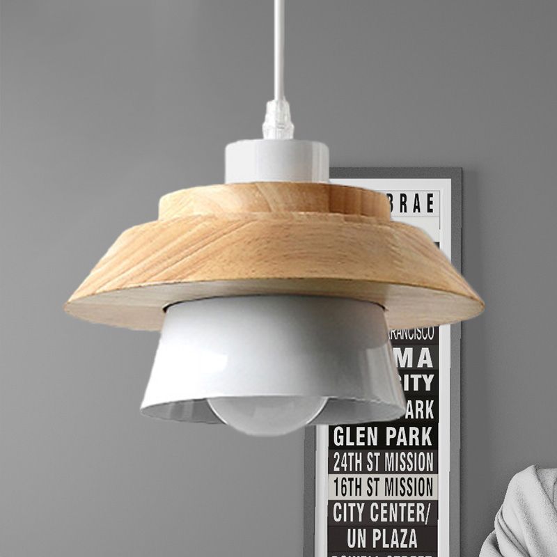 Macaron Style Mushroom Pendant Light Metal Wood 1 Light Hanging Light for Restaurant