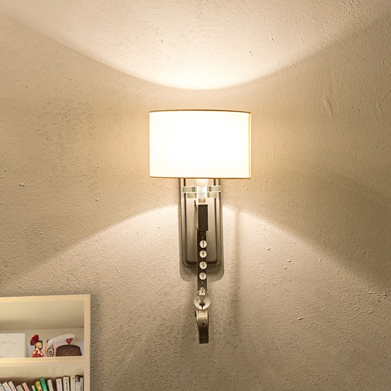 1 Bulb Crystal Wall Sconce Traditional Bedroom Wall Lighting Fixture with Drum Fabric Shade in Nickle