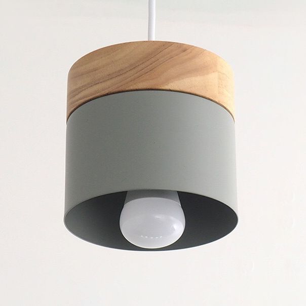 Wooden Cylindroid Pendant Light in Modern Artistic Style Iron Macaron Hanging Lamp for Dining Room