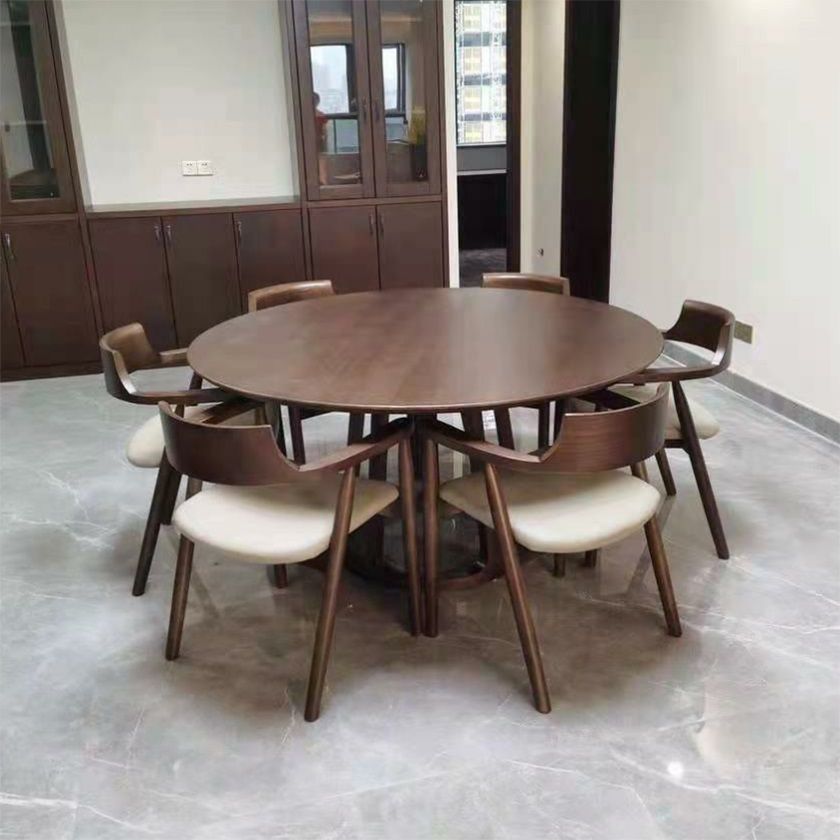 Round Wood Color Dining Table Solid Wood Table Modern with Double Pedestal