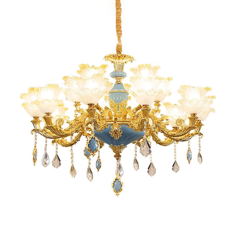 Traditional Ruffled Floral Ceiling Lighting Textured Glass Chandelier Light Fixture with Crystal Accent