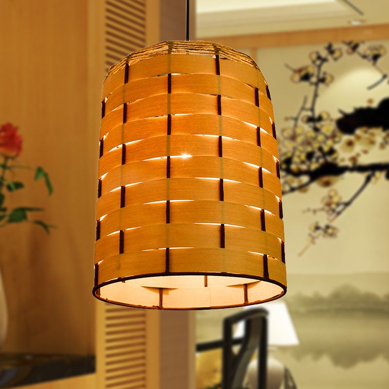 Cilindro Down Iluminación Madera china 1 Cabeza de color beige Luz de techo colgante, 10 "/12" de ancho