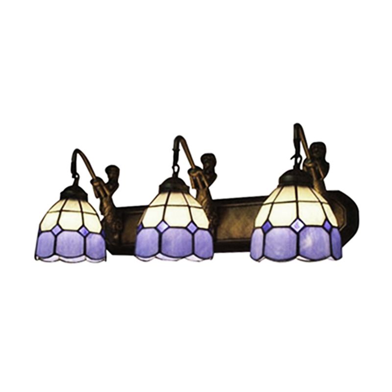 Blue Glass Grid Patterned Sconce Light Tiffany 3 Heads Antique Brass Wall Mounted Light