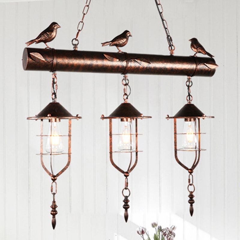 Metal Caged Island Pendant Light Coastal Style 3 Light Kitchen Hanging Lamp in Bronze/Weathered Copper with Bird