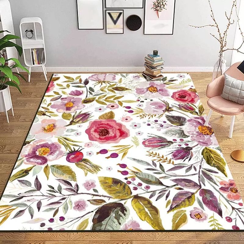 Classic French Country Rug in White Floral Leaf Pattern Rug Polyester Washable Carpet for Home Decoration