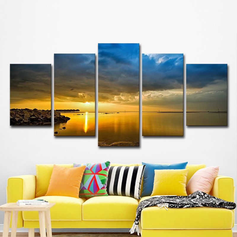 Modern Canvas Print Yellow River with Rock Shore at Sunset Scenery Wall Art