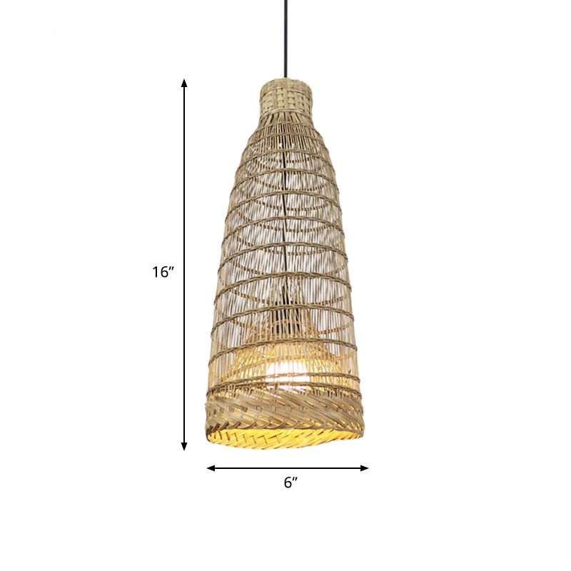 Hand-Worked Rattan Pendant Light Fixture Lodge Style 6"/8" W 1 Head Beige Ceiling Fixture for Restaurant