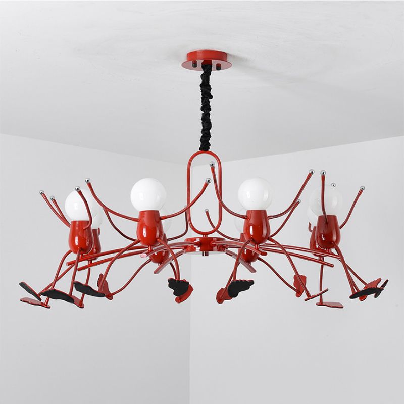 Red Stick-Man Chandelier Novelty Cartoon Metal Hanging Light Fixture for Kids Room