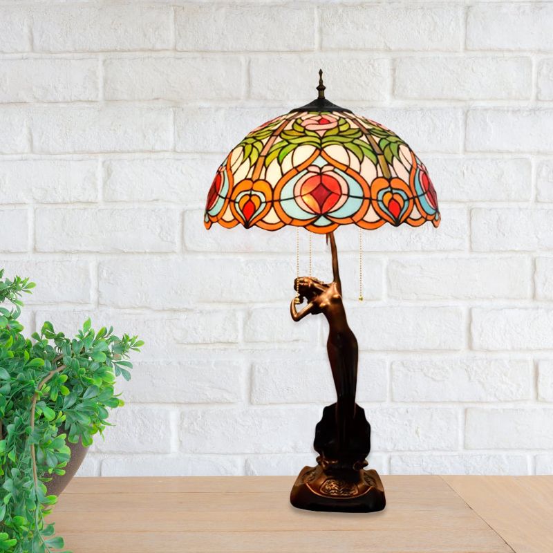 Orange/Yellow Glass Bowl Night Light Victorian Style 3 Bulbs Black Table Lighting with Pull Chain and Girl Base