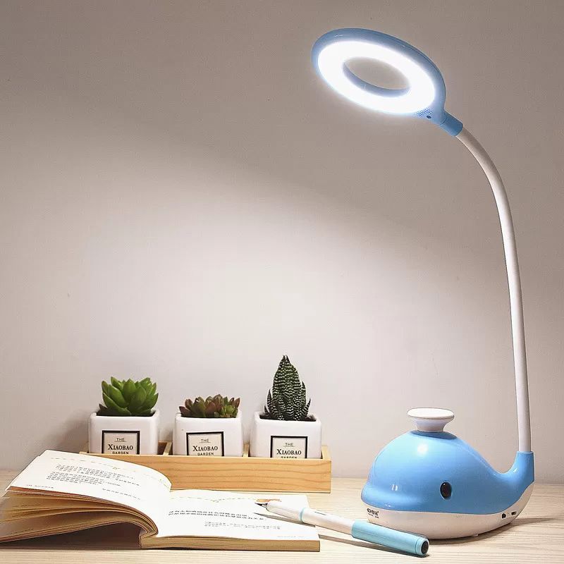 Portable Lovely Blue Desk Light with Whale 1 Head Reading Light with USB Charging Port for Dormitory