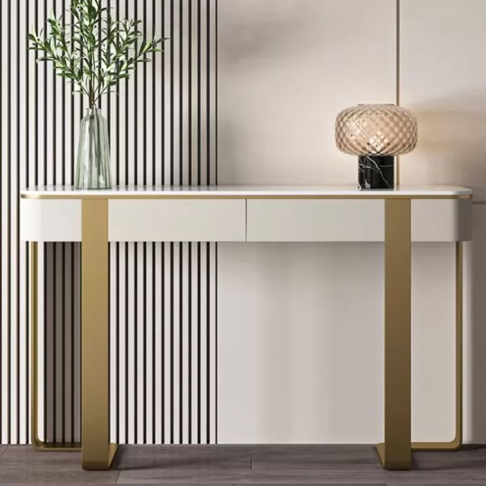 Modern Accent Table Stone Half Moon Console Table with 1 Shelf , 33.46" Tall