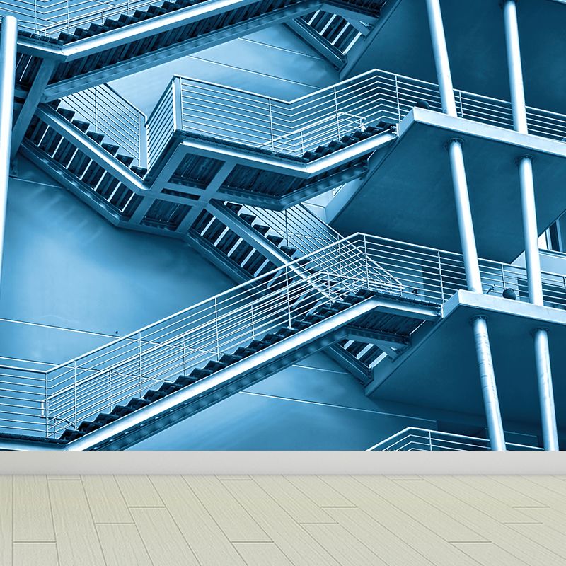 Huge Dog-Legged Stairs Wall Mural House Interior Architecture Wall Art in Blue, Waterproof