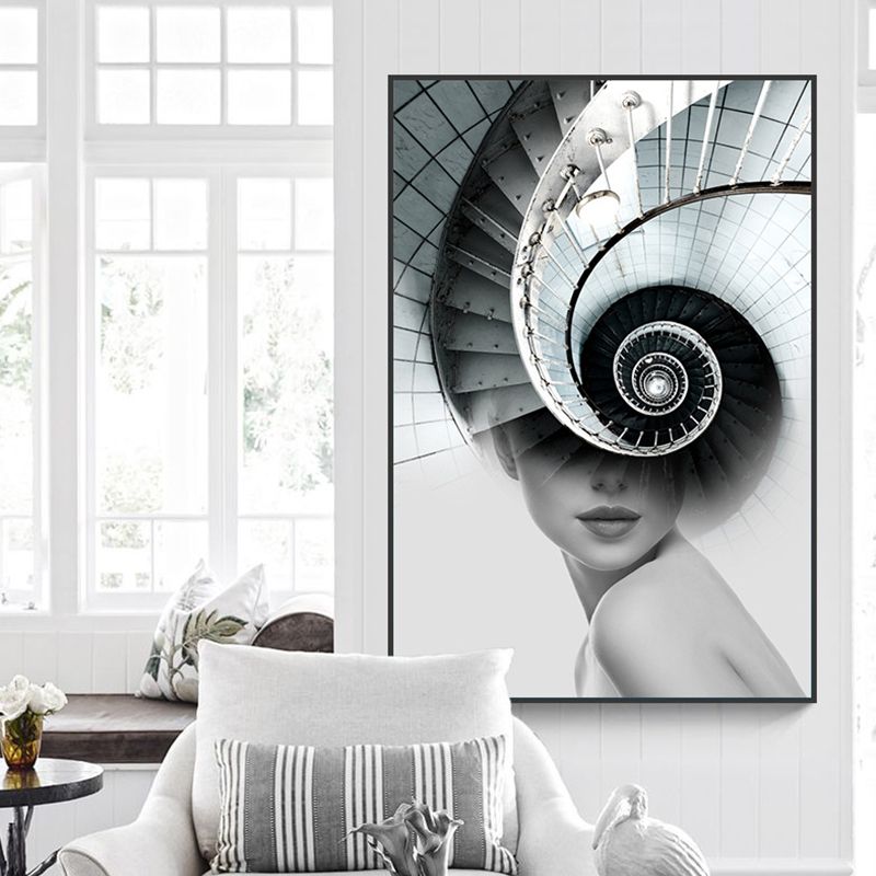 Stair and Girl Canvas Print Textured Contemporary Style for Girls Bedroom Painting