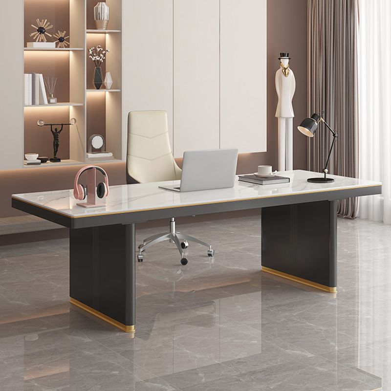 Modern Stone Office Desk Rectangular Shape Task Desk in White and Black