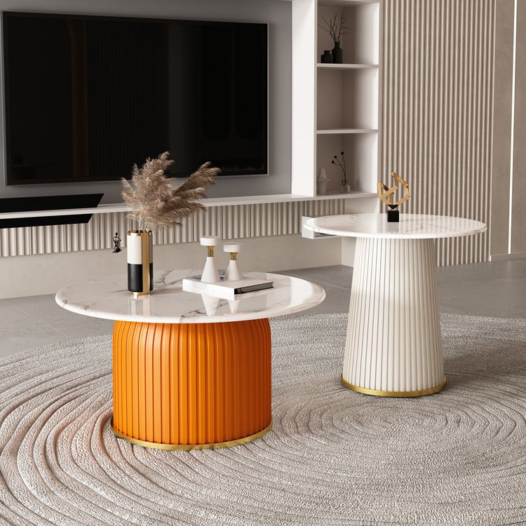 White Pedestal Round Glam Metal Coffee Cocktail Table with Slate Top
