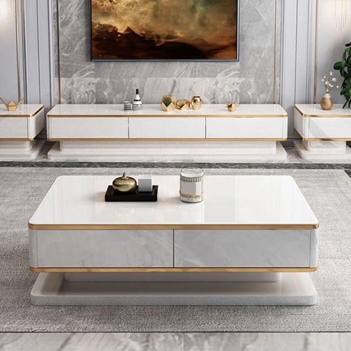 18"H Glam Single White Rectangular Coffee Table with Storage