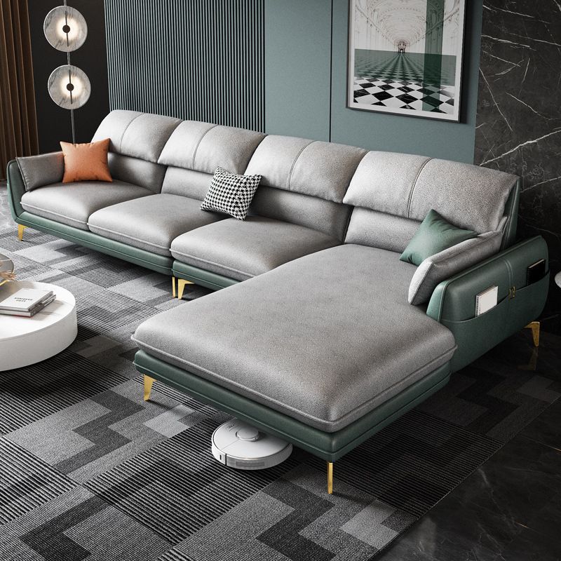 Pillow Top Arm Faux Leather Sofa and Chaise L-Shape Sectional with Storage for Apartment
