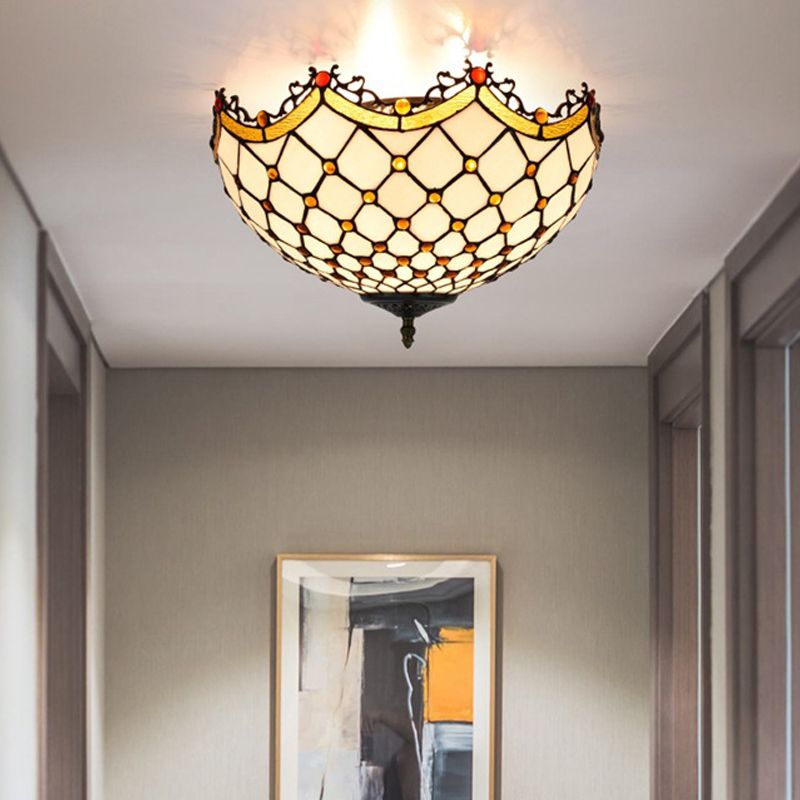 3 Heads Ceiling Lighting Tiffany Scalloped White Glass Flush Light Fixture for Corridor