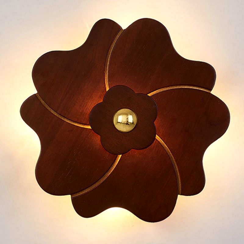 Flower Shape Wooden Sconce Light Chinese Style Wall Lighting Ideas for Bedroom Tearoom