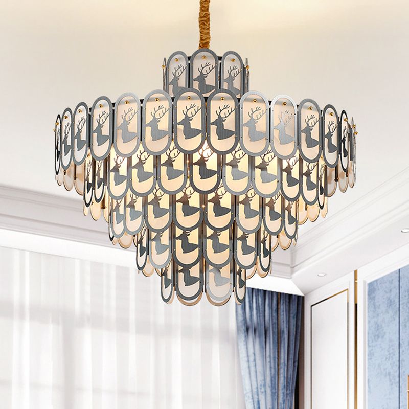 Crystal Tiered Chandelier Pendant Light Modern 12/16 Lights Down Lighting in Nickel with Elk Pattern