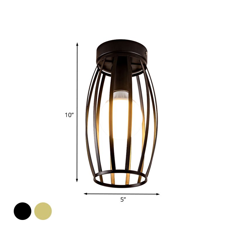 Black/Gold Finish Oval Cage Flush Mount Fixture Minimalist 1 Bulb Iron Flush Ceiling Lamp for Hallway