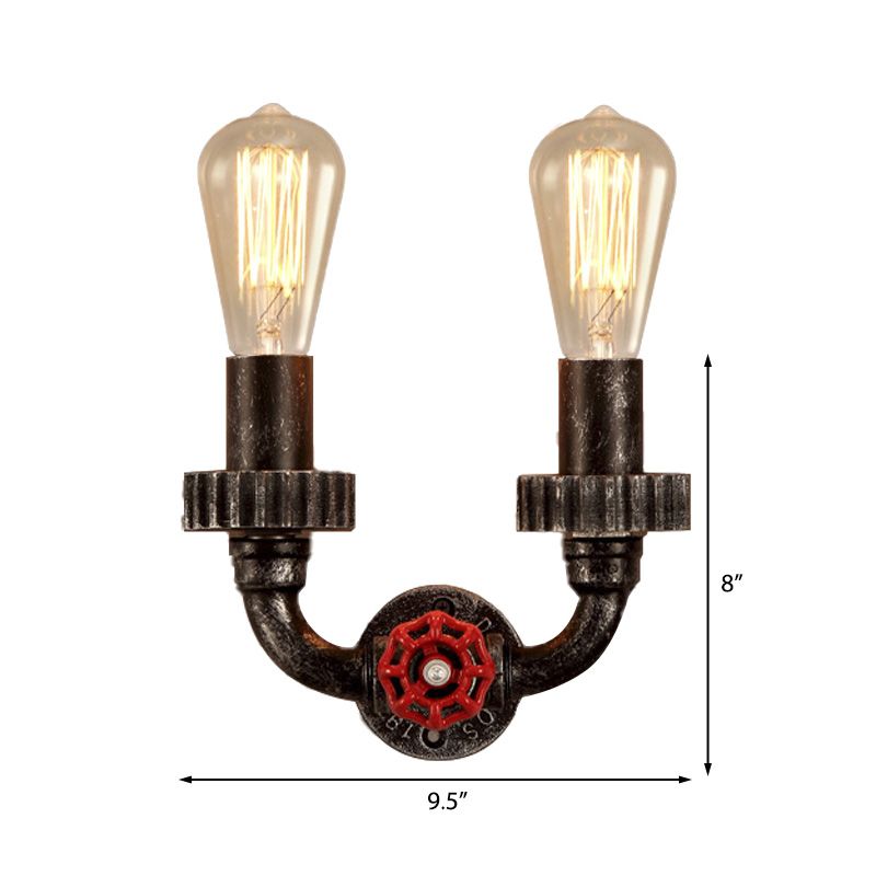 2 luces Luz de matriz de pared Vintage Iluminación de pared de hierro desnudo industrial con válvula de grifo rojo en óxido oscuro