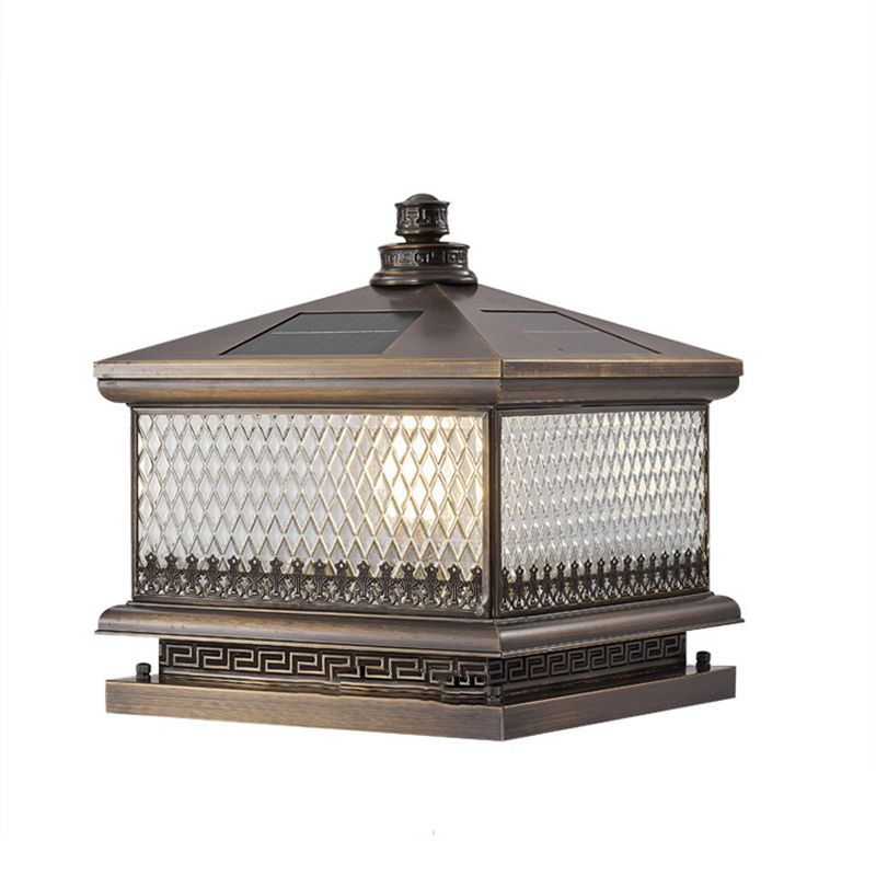 Metal Rectangular Shape Outdoor Lights Modern Style 1 Light Solar Pillar Lamp in Bronze